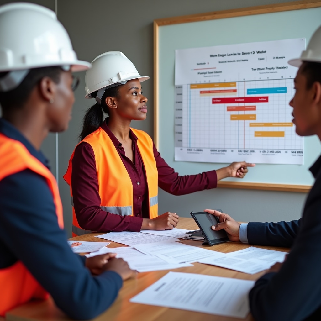 Construction progress meeting with timeline charts and milestone documentation