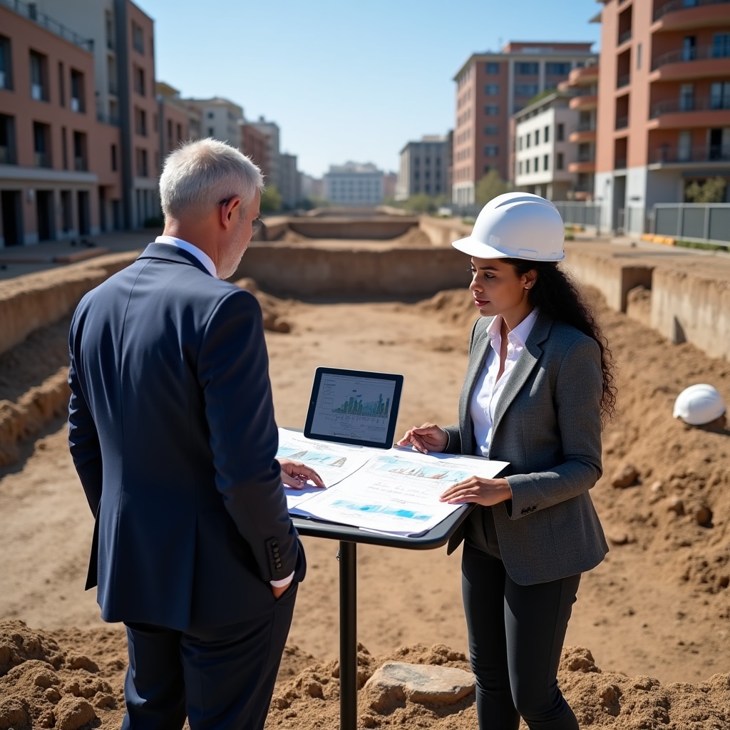 Property development site being analyzed with market research documentation