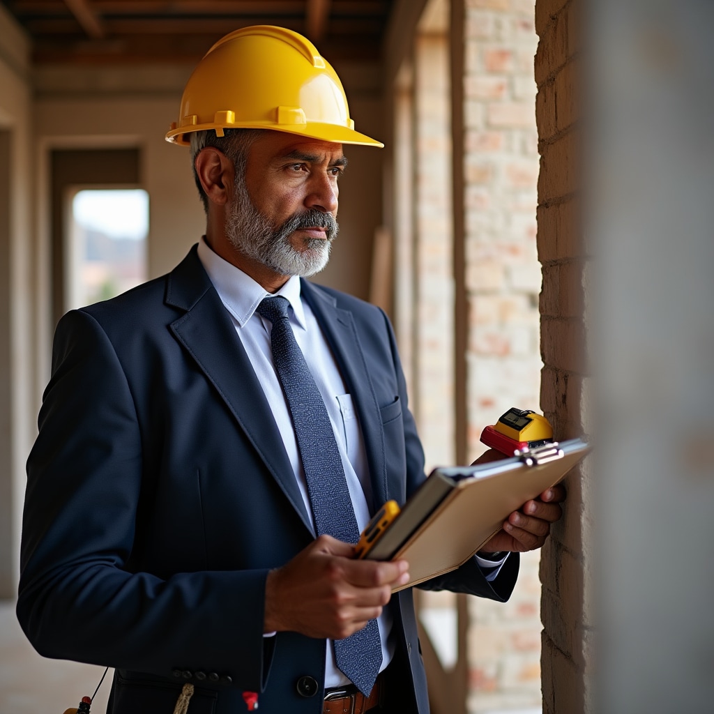 Property inspector conducting site assessment with checklist and measuring tools