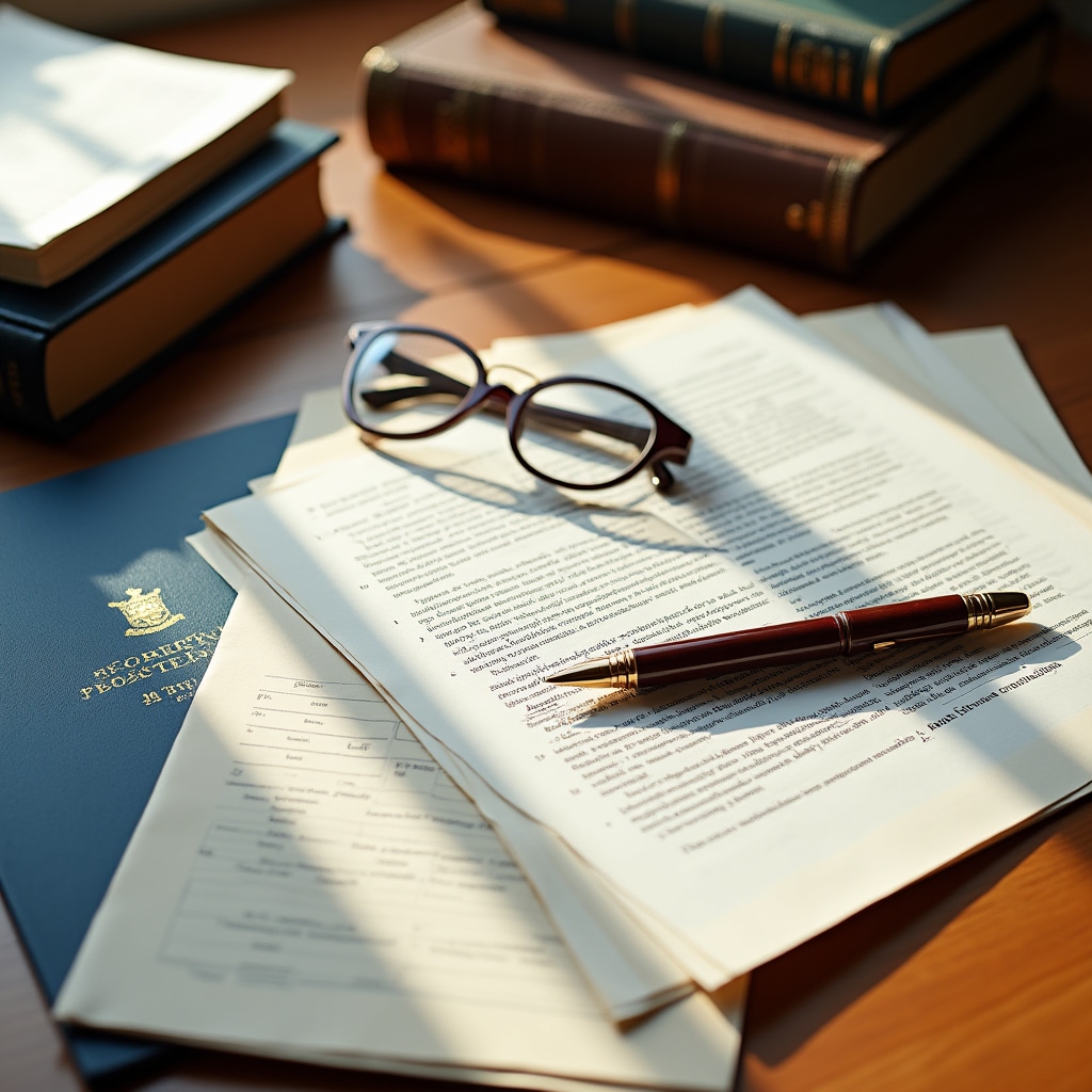 Legal and regulatory documents spread on desk with South African property law books