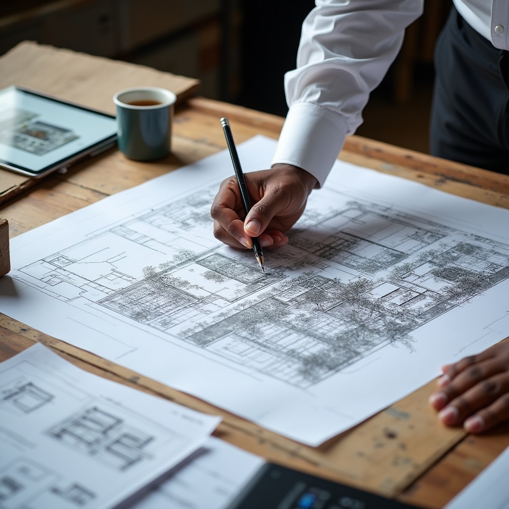 Architectural blueprints and financial projections for property development project