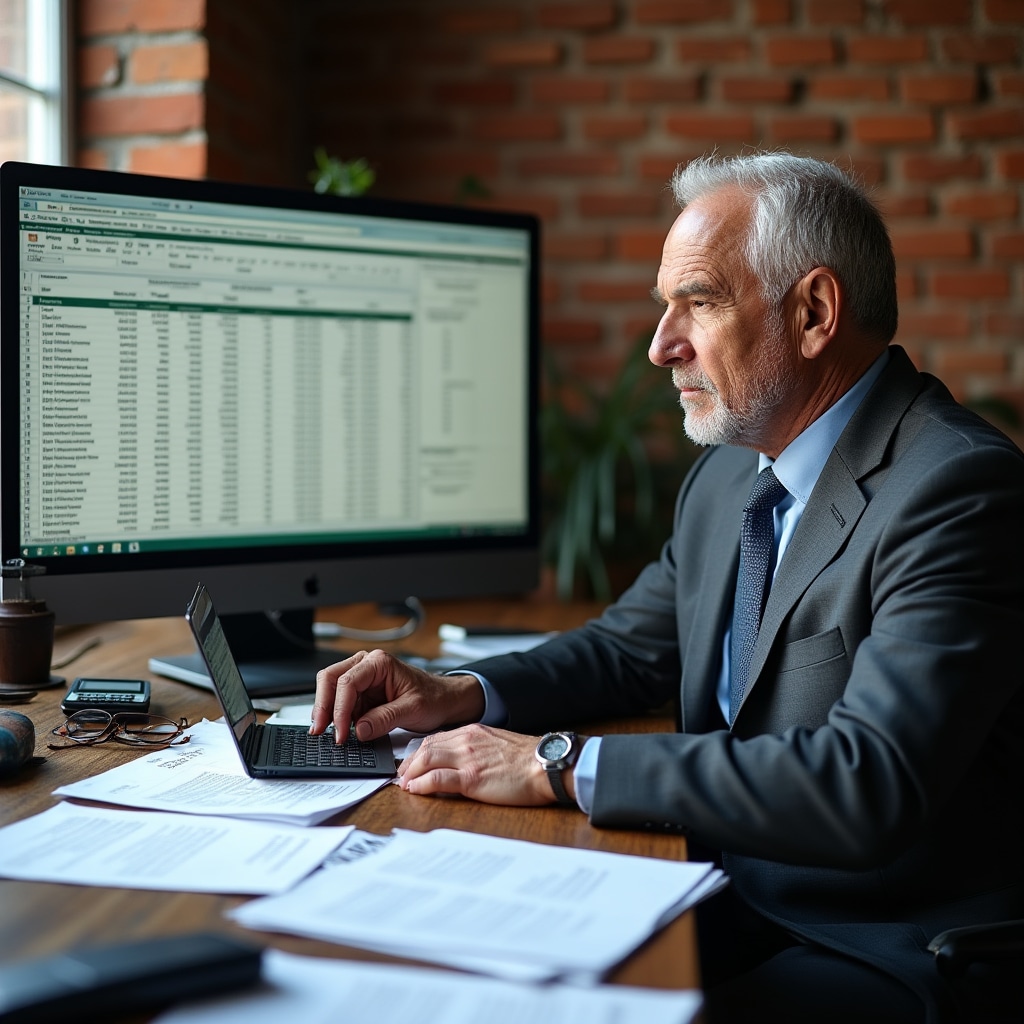 Financial analyst calculating investment returns with spreadsheets and property valuation reports